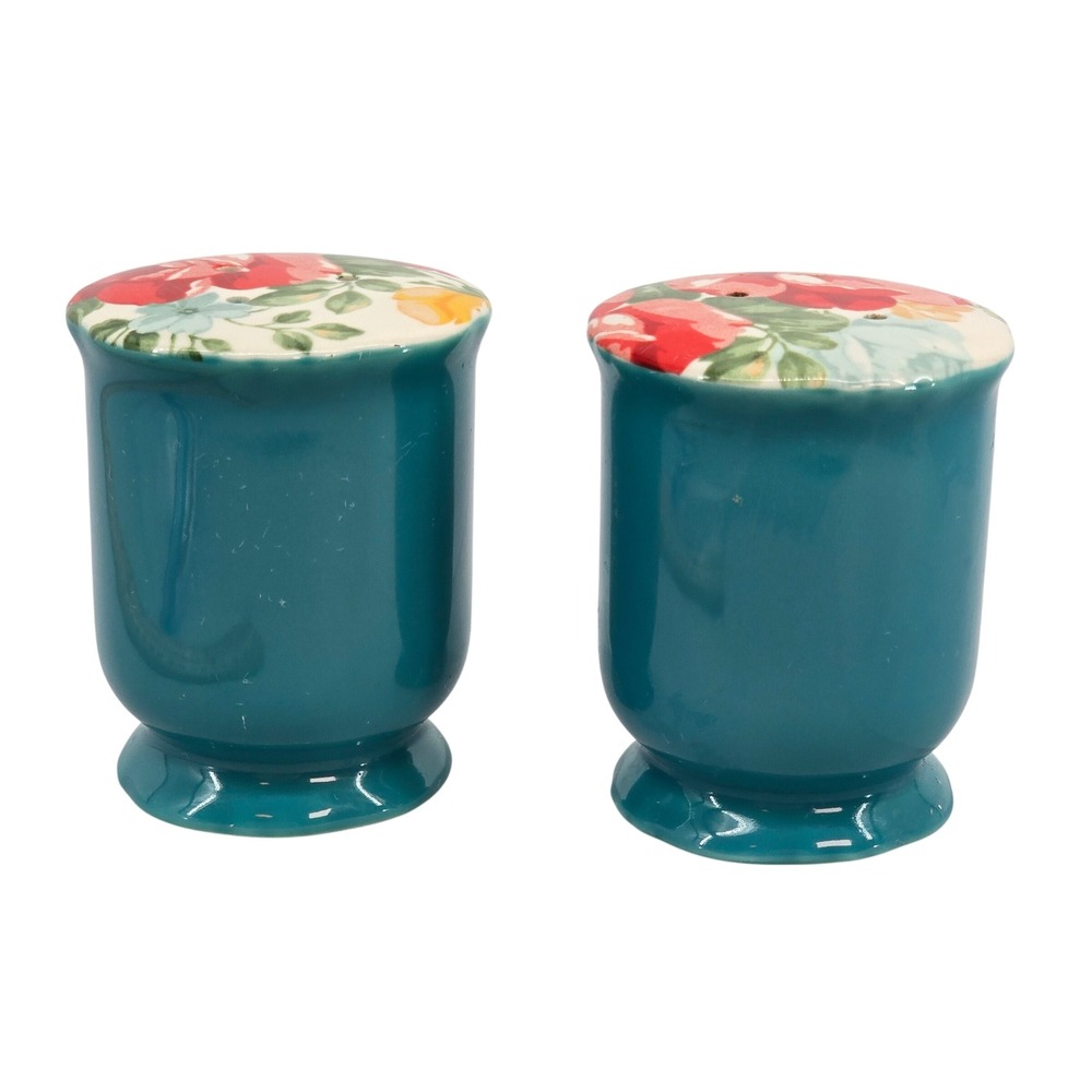 Pioneer Woman Vintage Floral Teal Salt and Pepper Shaker Set Ceramic